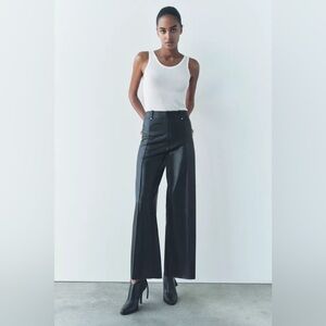 Zara Faux Leather Pants NWT Sz XS zipper fly stitch detail high rise black flare